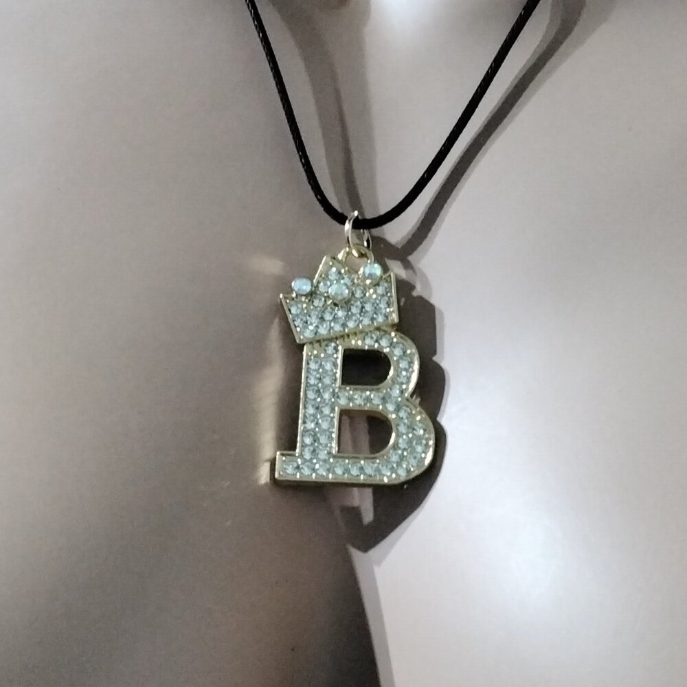 Stunning B Initial Rhinestone Pendant Necklace Golden Tone Black Leather Cord